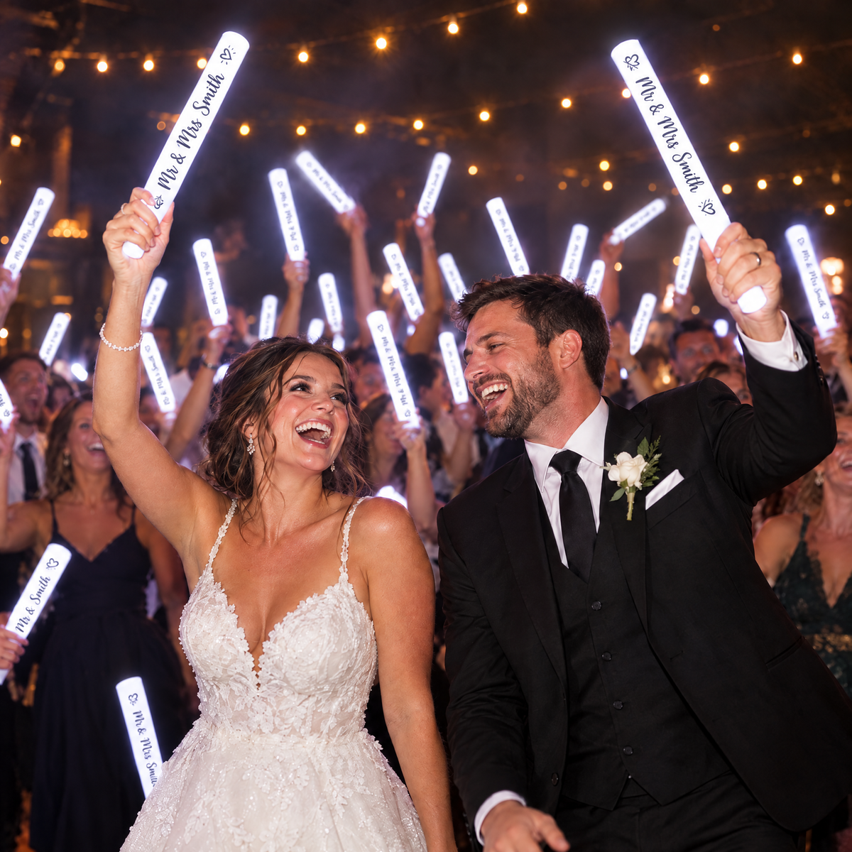 Bride and groom on the dance floor with guests waving white glow sticks printed Mr & Mrs Smith
