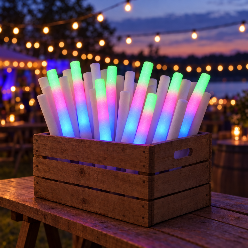 Crate of LED foam glow sticks at an outdoor evening event