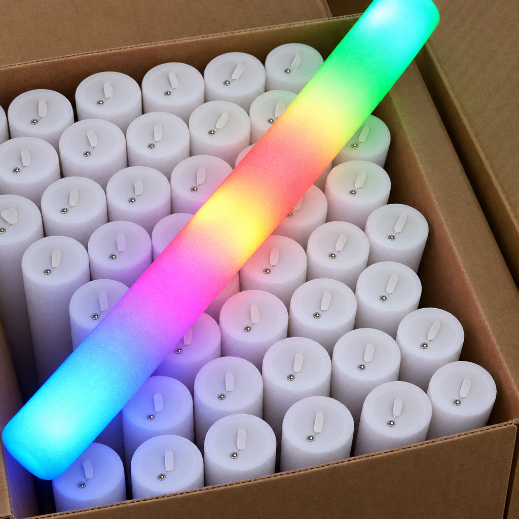 Lit multicolour foam glow stick across an open box of 100 plain glow sticks