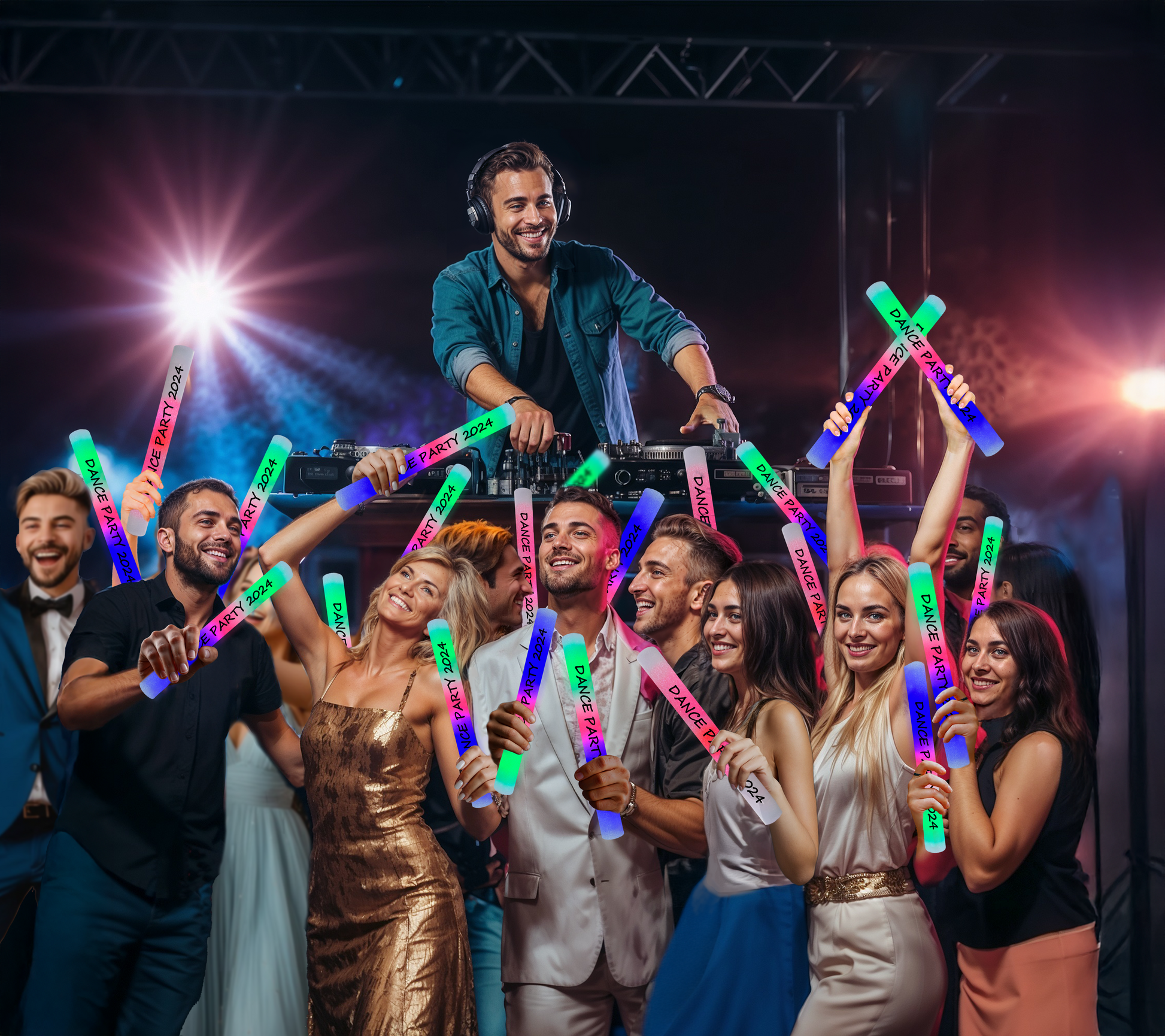  Men and women shining and grooving with personalised glow sticks at an unforgettable work event