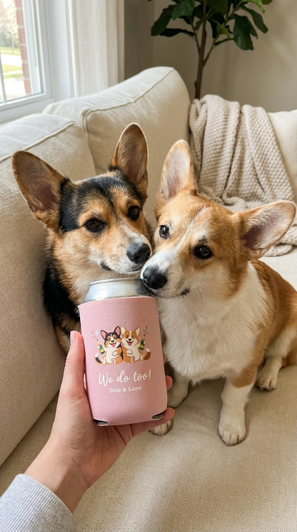 Stubby Holders with pets and champagne