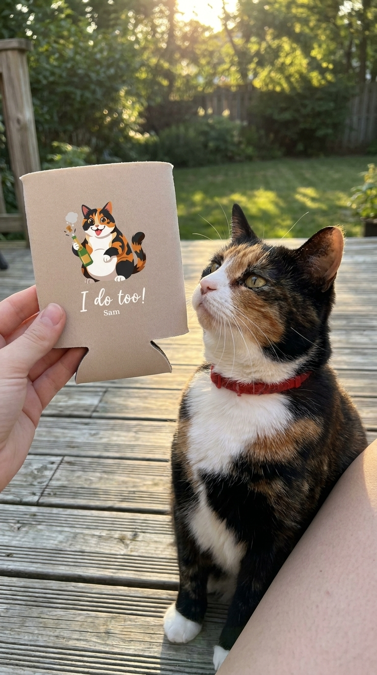 Stubby Holders with pets and champagne