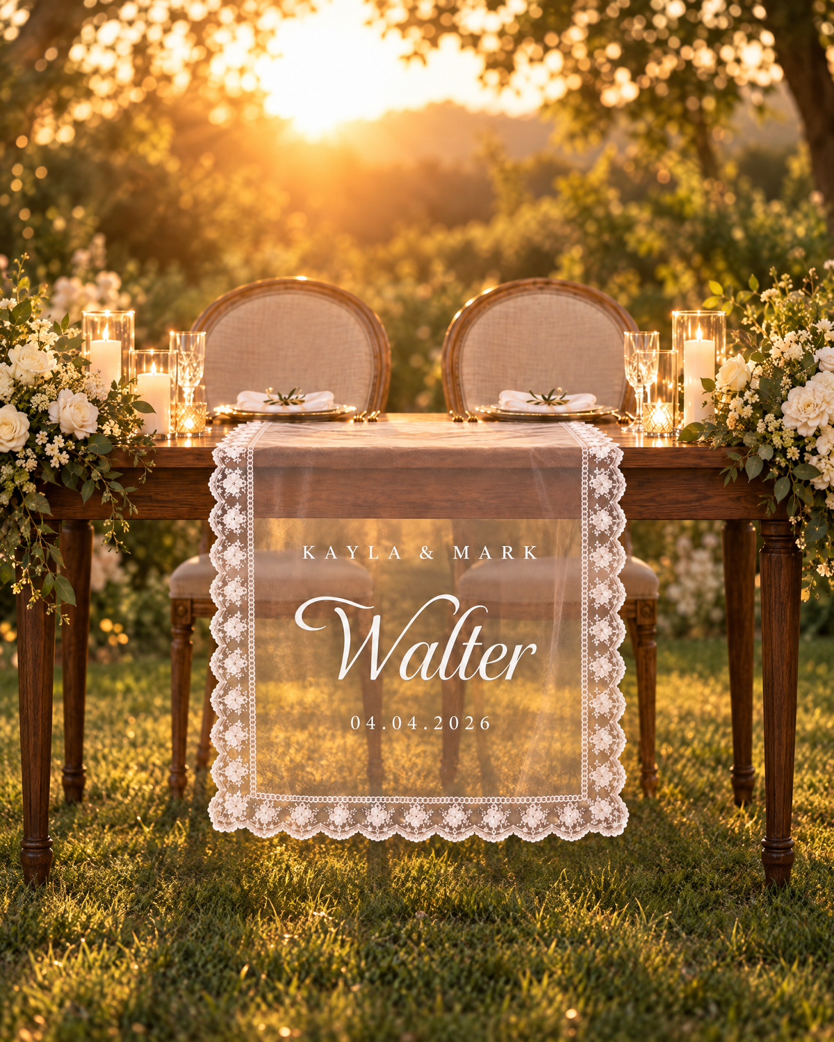 Sweetheart table sign backlit at golden hour in an outdoor garden reception