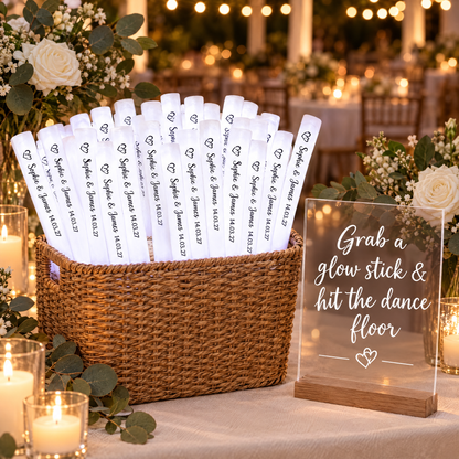 Wedding favour table with a basket of personalised white glow sticks and a sign