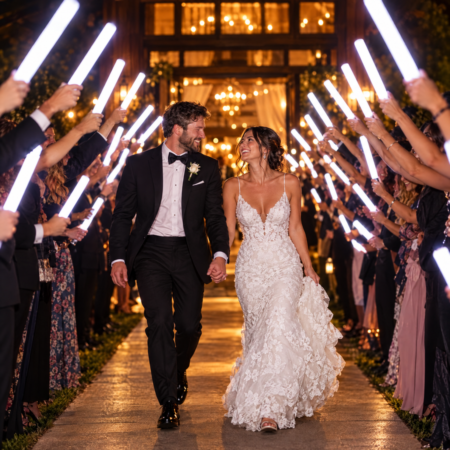 Wedding send-off with guests holding white glow sticks