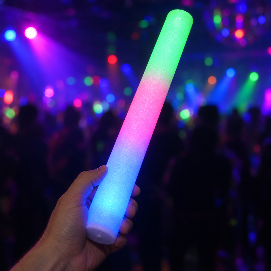 Hand holding a multicolour LED foam glow stick at a party
