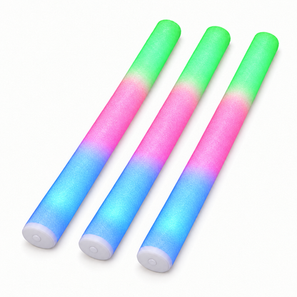 Three multicolour LED foam glow sticks, 35 cm, white background