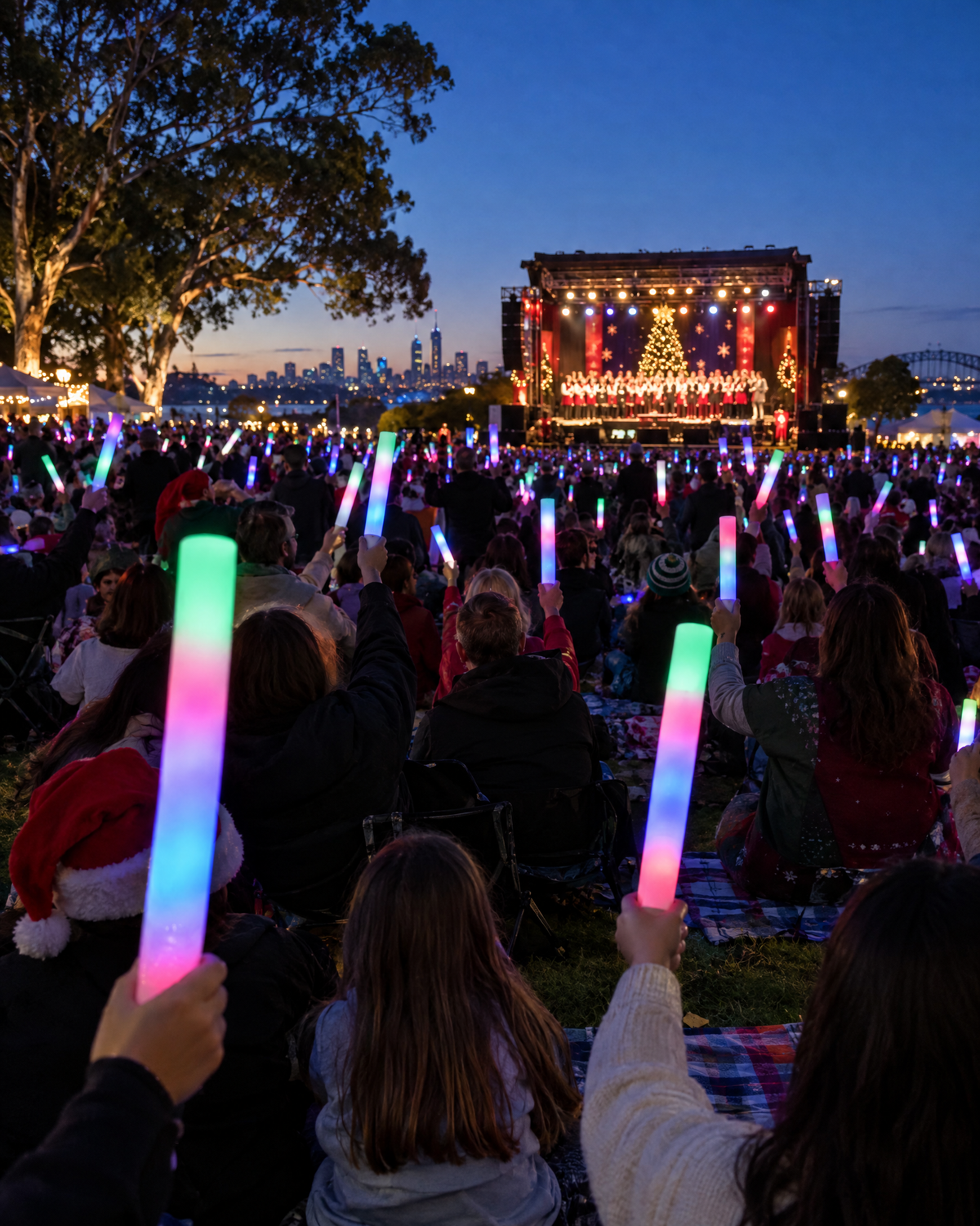 Crowd at a council carols night holding lit LED glow sticks