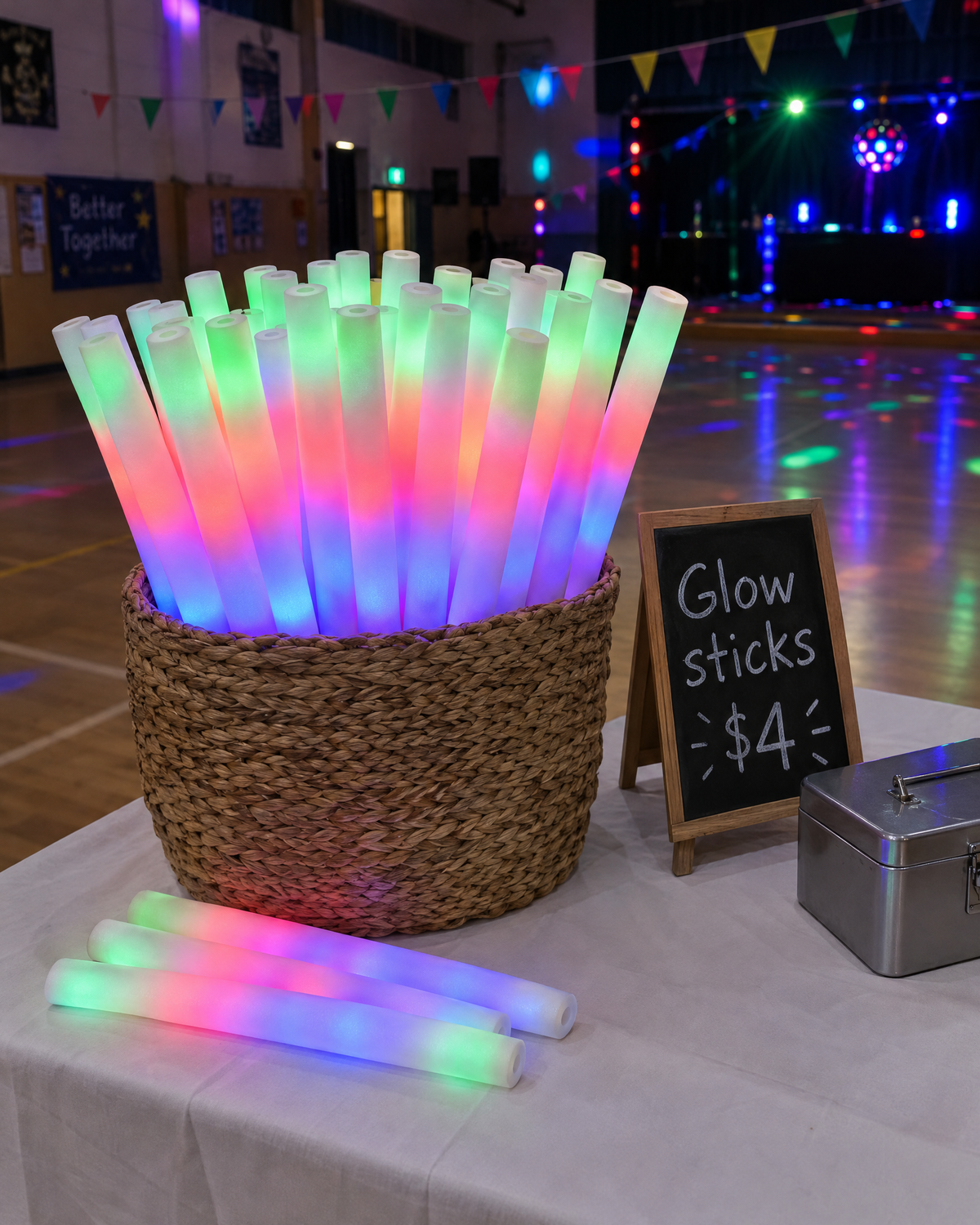 School fundraiser glow stall with a basket of LED glow sticks