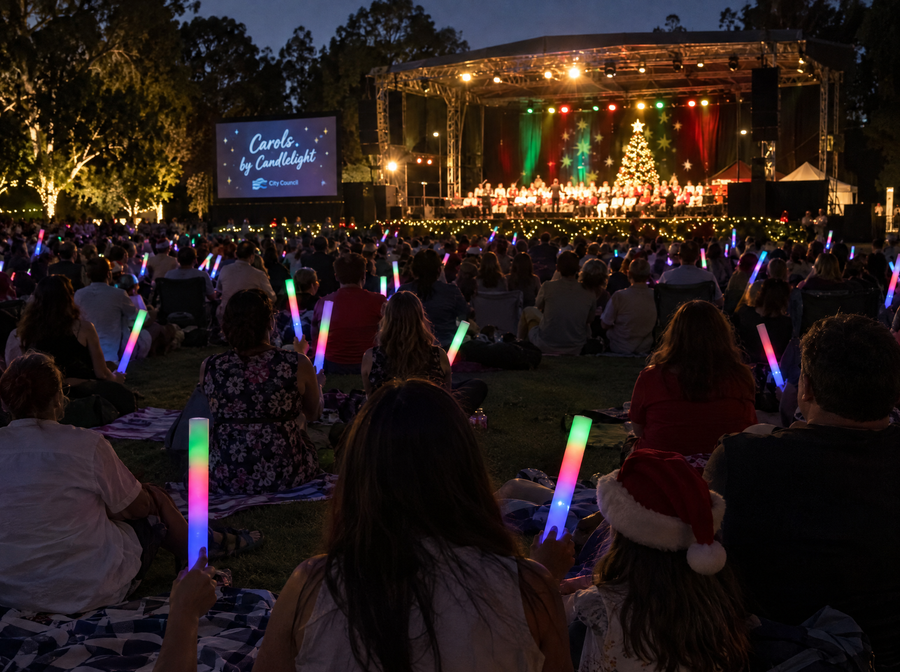 Carols by Candlelight crowd in a park with LED glow sticks