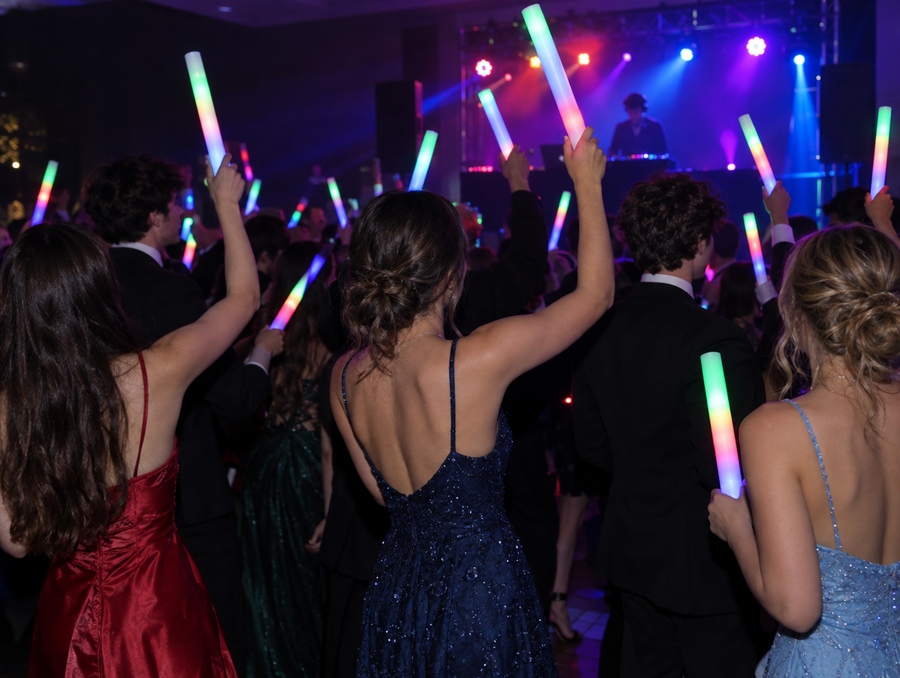 High school formal dance floor with LED foam glow sticks